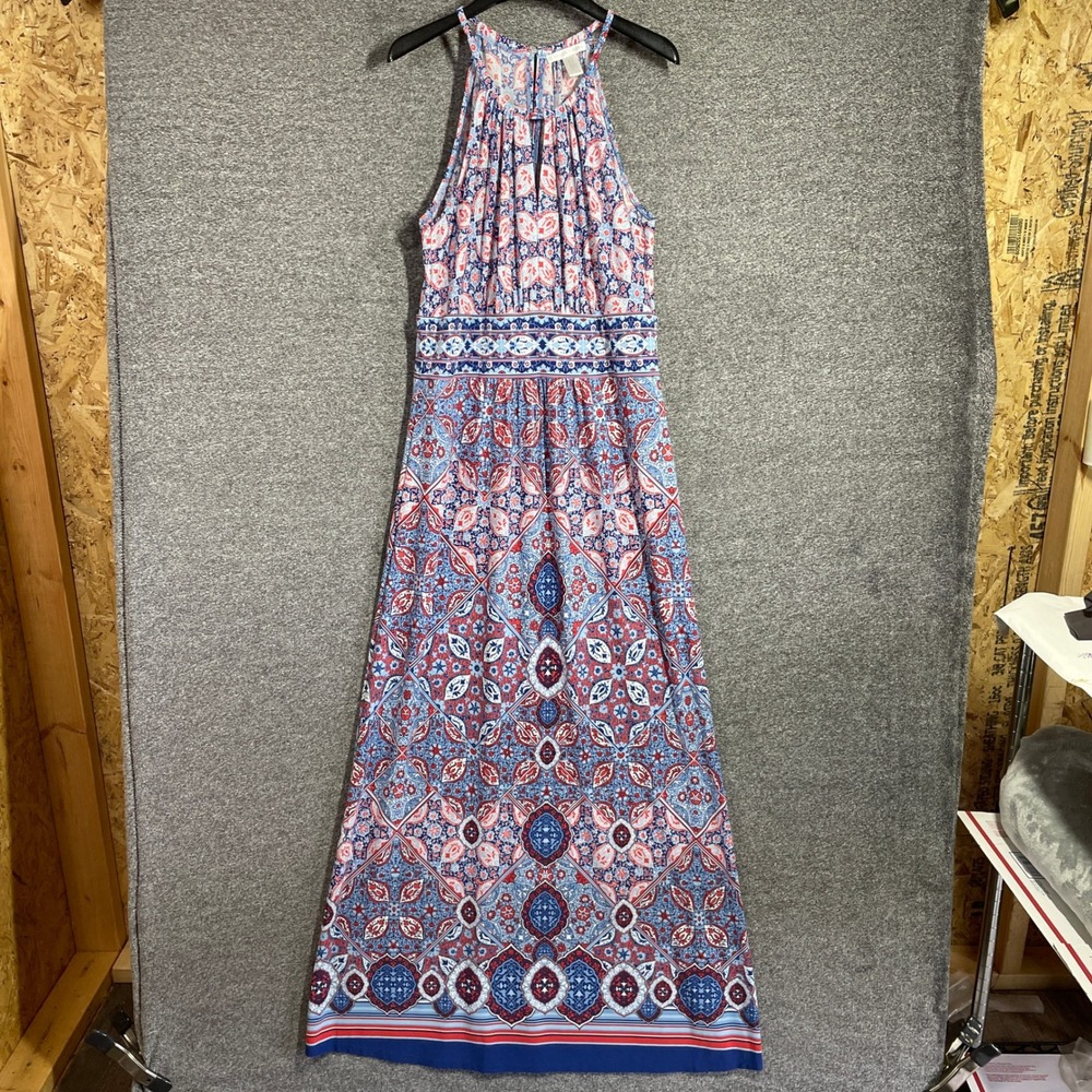 London Times Womens Blue Red Geometric Tile Print Halter Neck Maxi Dress Size 12
